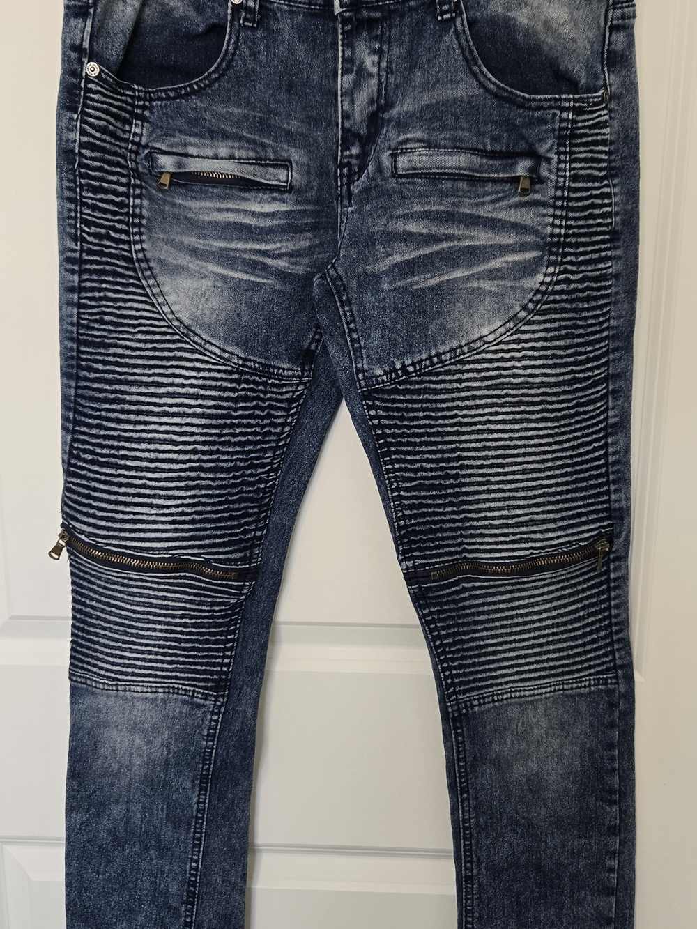 Rocawear Men's Distressed Ribbed Moto Jeans in Dark Blue Y2k 32x32 Solid Cond.